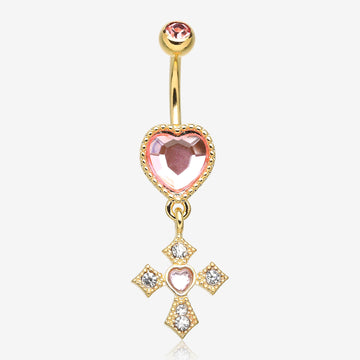 Golden Pink Heart Sparkle Cross Dangle Belly Button Ring-Pink/Clear Gem